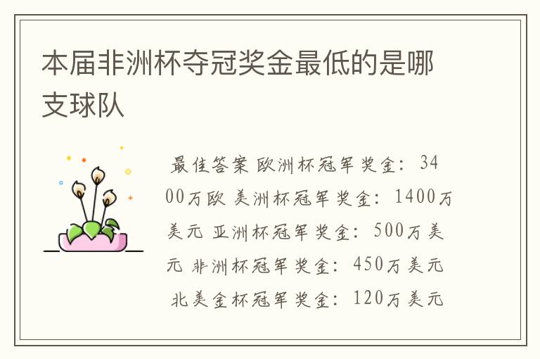 本届非洲杯夺冠奖金最低的是哪支球队