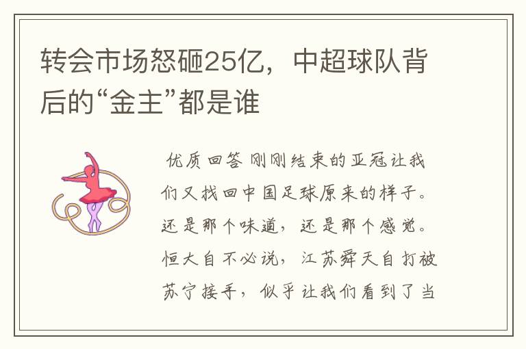转会市场怒砸25亿,中超球队背后的“金主”都是谁
