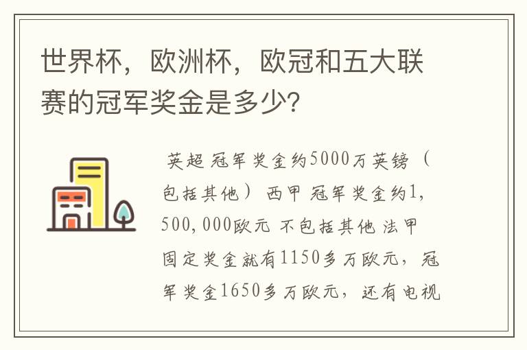 世界杯,欧洲杯,欧冠和五大联赛的冠军奖金是多少?