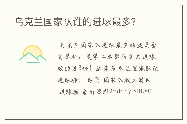 乌克兰国家队谁的进球最多？