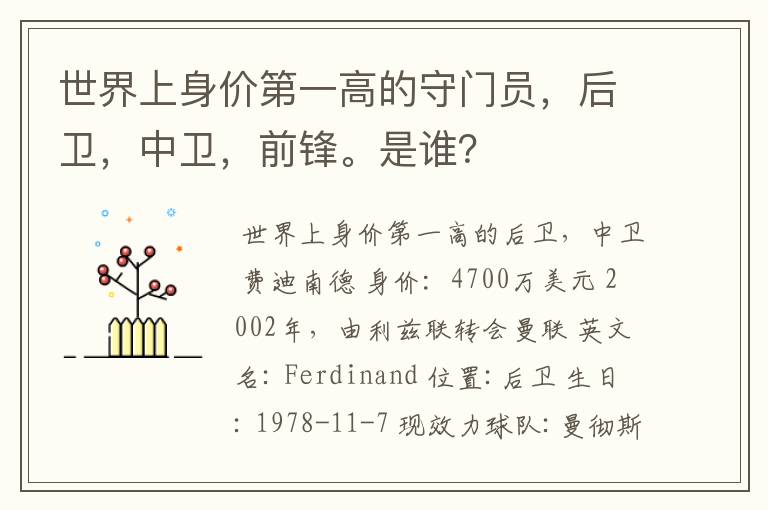 世界上身价第一高的守门员,后卫,中卫,前锋。是谁?