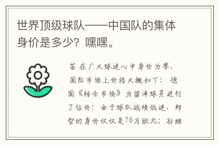 世界顶级球队——中国队的集体身价是多少?嘿嘿。
