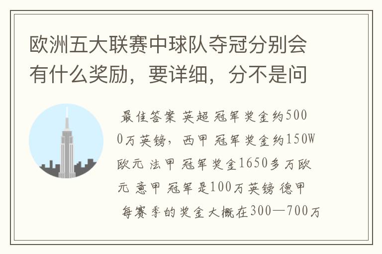 欧洲五大联赛中球队夺冠分别会有什么奖励,要详细,分不是问题