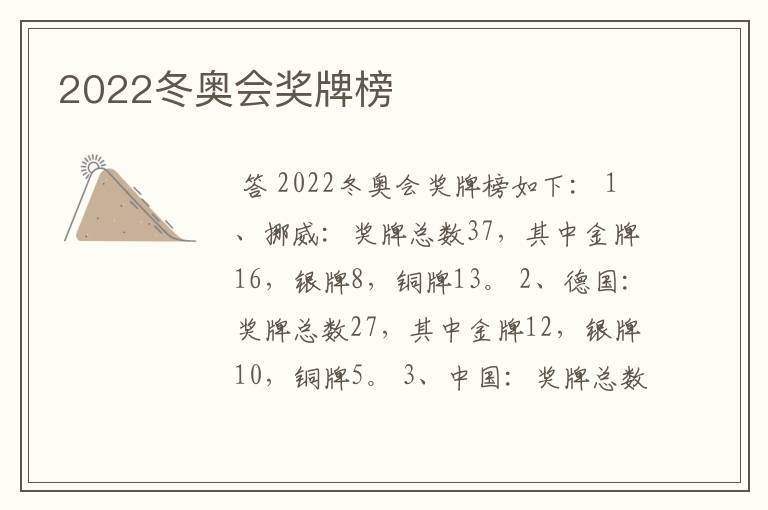 2022冬奥会奖牌榜