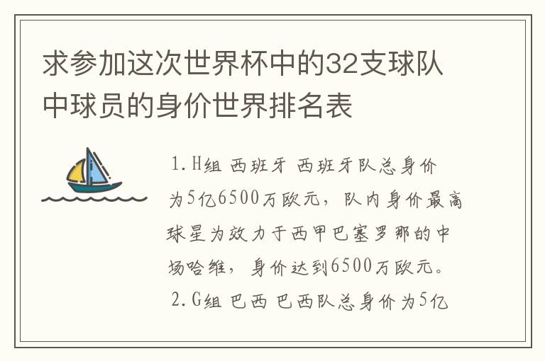 求参加这次世界杯中的32支球队中球员的身价世界排名表