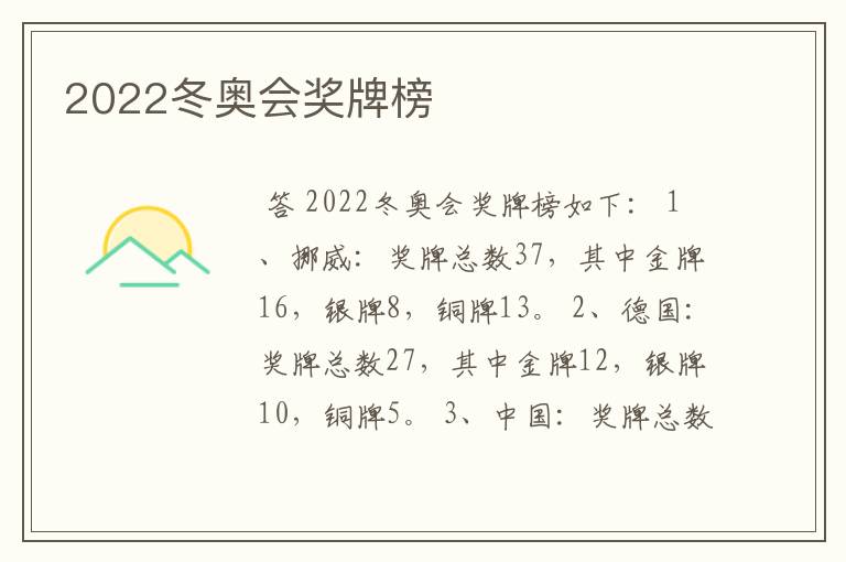 2022冬奥会奖牌榜