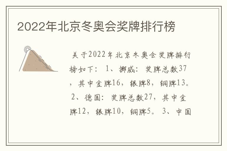 2022年北京冬奥会奖牌排行榜