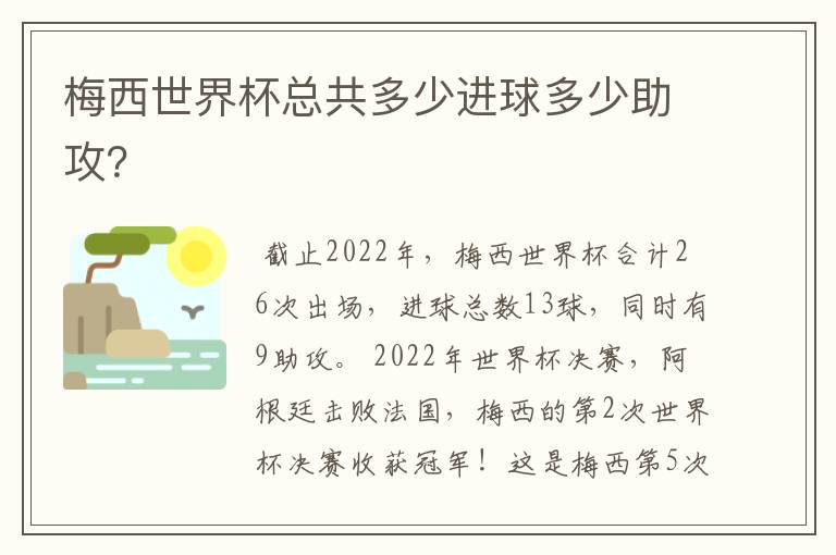 梅西世界杯总共多少进球多少助攻?