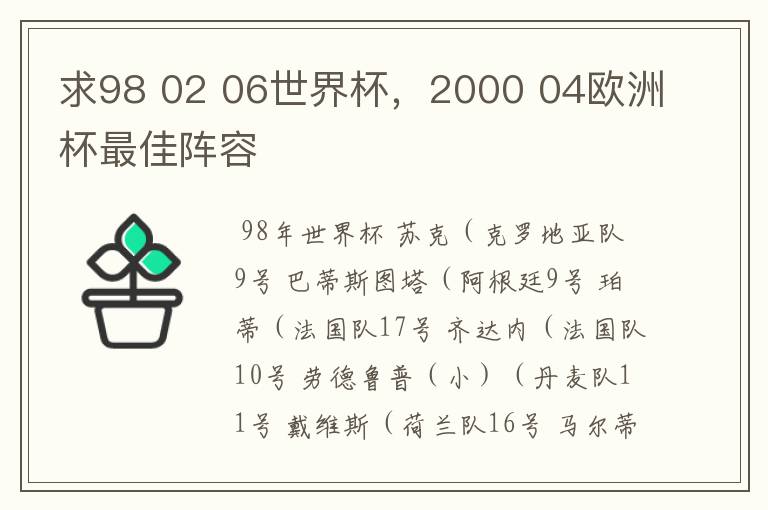 求98 02 06世界杯,2000 04欧洲杯最佳阵容