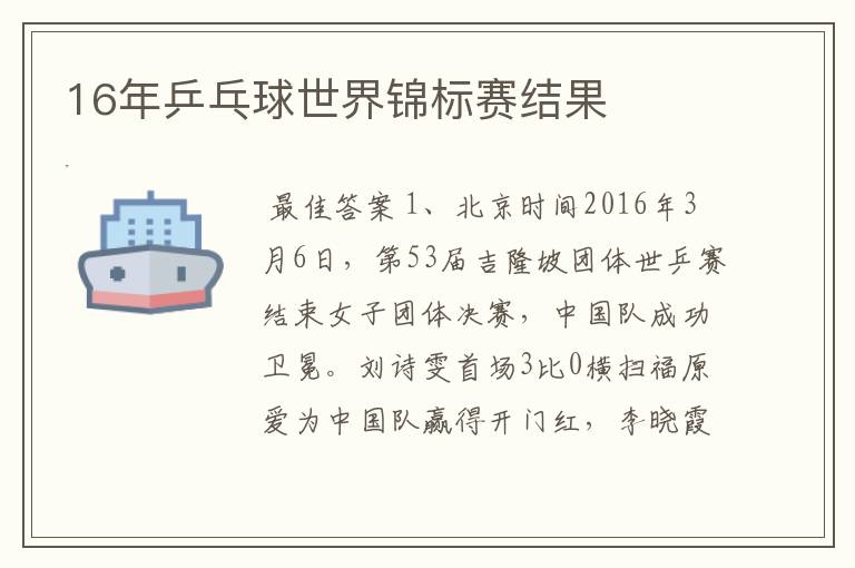 16年乒乓球世界锦标赛结果