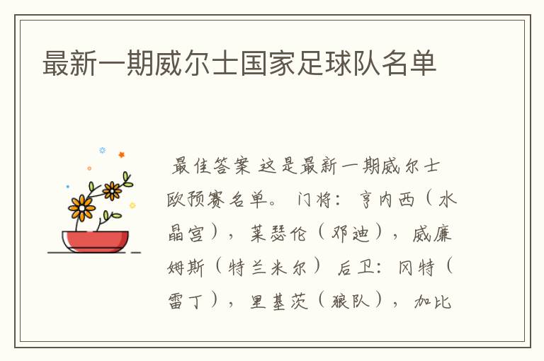 最新一期威尔士国家足球队名单