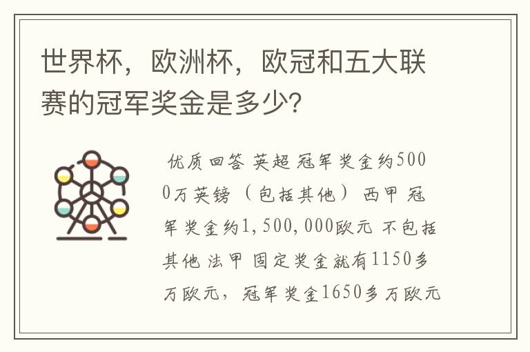 世界杯,欧洲杯,欧冠和五大联赛的冠军奖金是多少?
