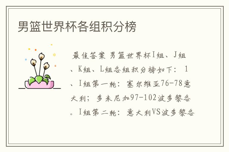 男篮世界杯各组积分榜