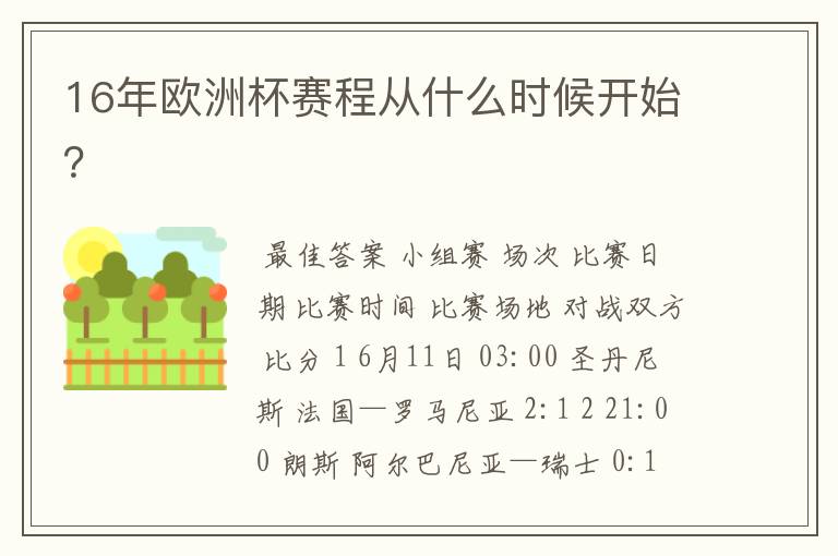 16年欧洲杯赛程从什么时候开始?