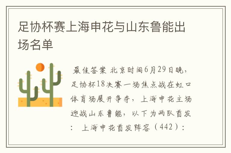 足协杯赛上海申花与山东鲁能出场名单