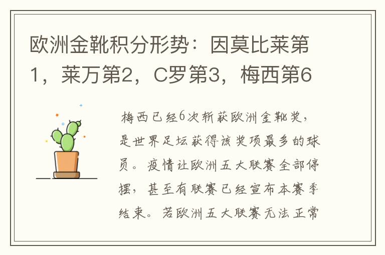 欧洲金靴积分形势:因莫比莱第1,莱万第2,C罗第3,梅西第6