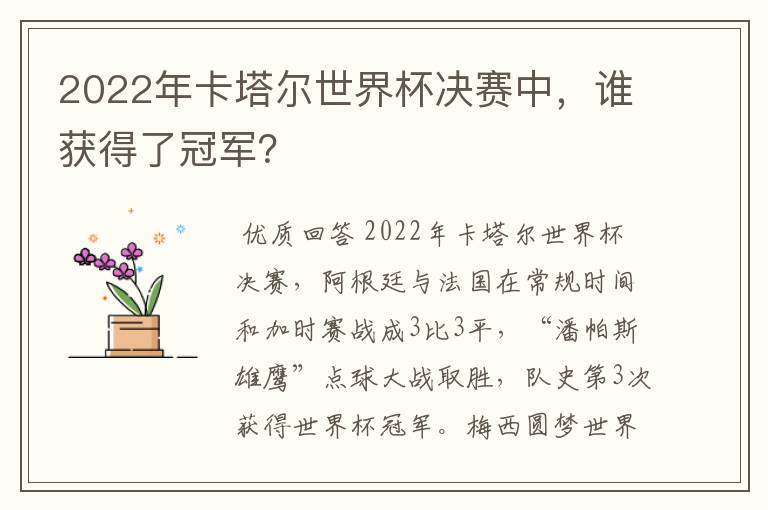 2022年卡塔尔世界杯决赛中,谁获得了冠军?