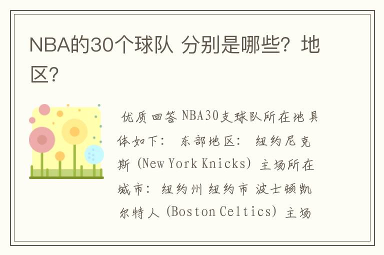 NBA的30个球队 分别是哪些?地区?