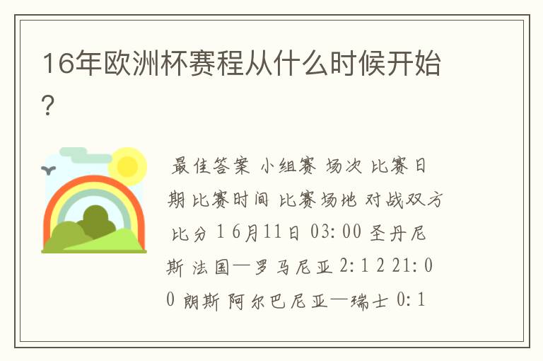 16年欧洲杯赛程从什么时候开始？