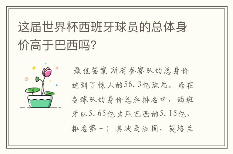这届世界杯西班牙球员的总体身价高于巴西吗?
