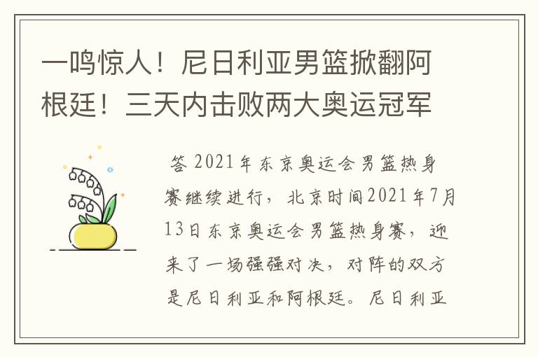 一鸣惊人!尼日利亚男篮掀翻阿根廷!三天内击败两大奥运冠军