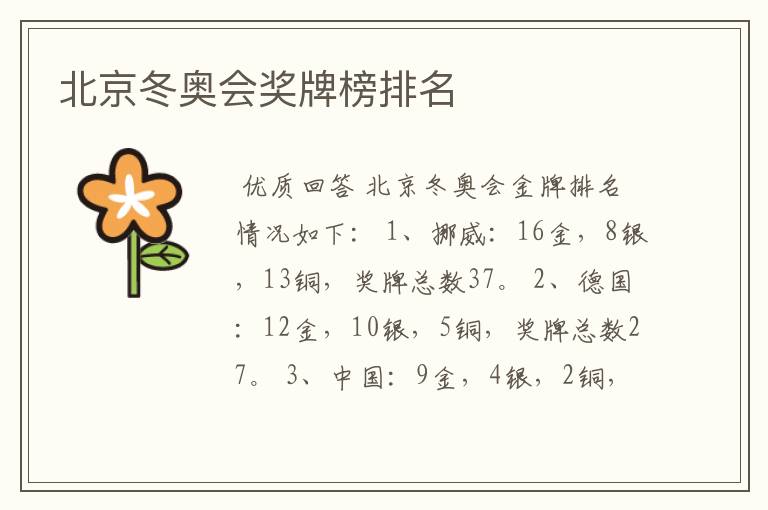 北京冬奥会奖牌榜排名