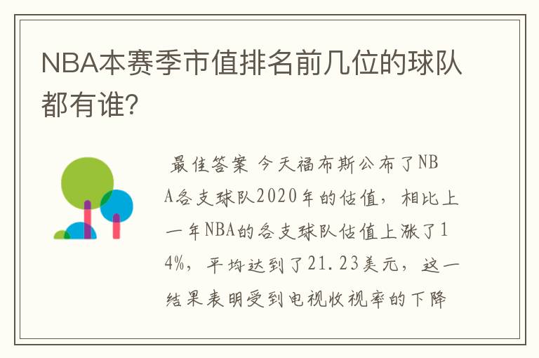 NBA本赛季市值排名前几位的球队都有谁?