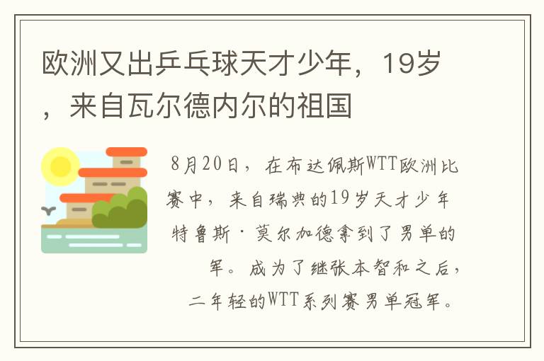 欧洲又出乒乓球天才少年,19岁,来自瓦尔德内尔的祖国