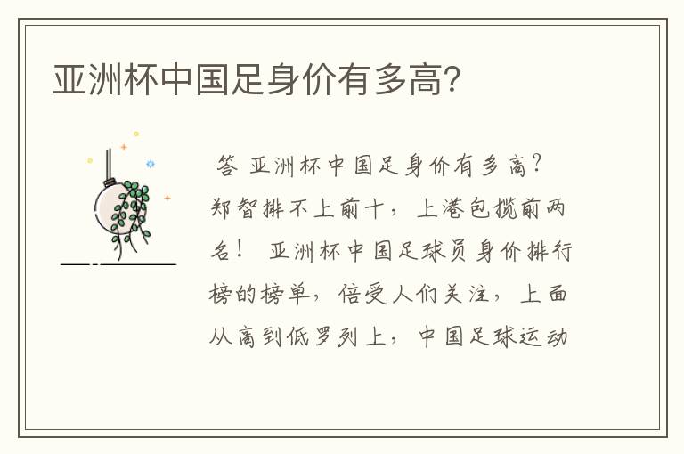 亚洲杯中国足身价有多高?