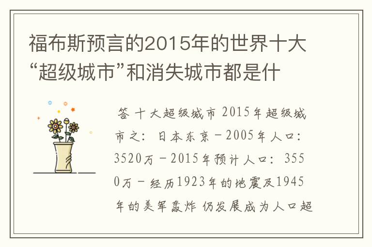 福布斯预言的2015年的世界十大“超级城市”和消失城市都是什么