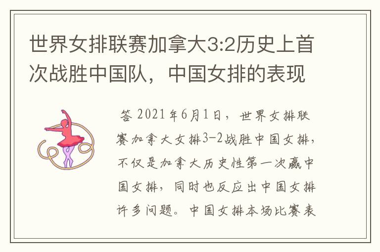 世界女排联赛加拿大3:2历史上首次战胜中国队,中国女排的表现好吗?