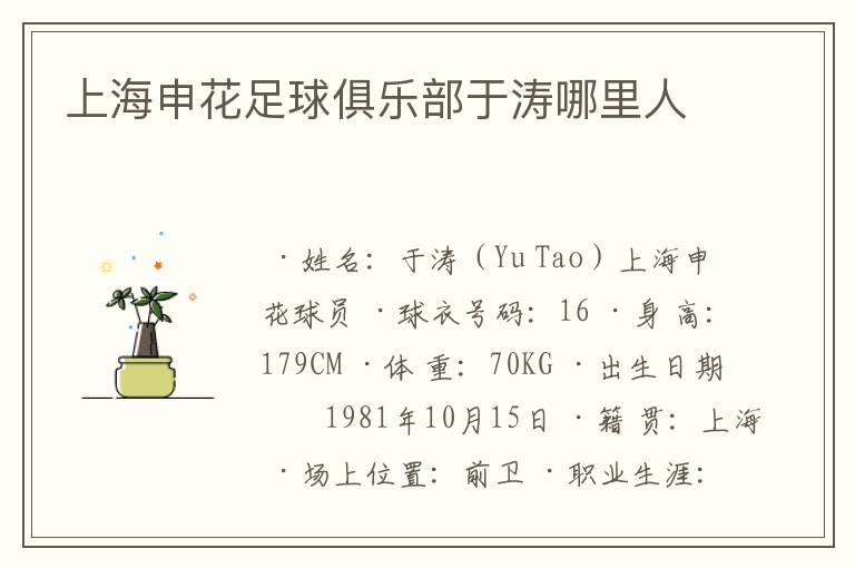 上海申花足球俱乐部于涛哪里人