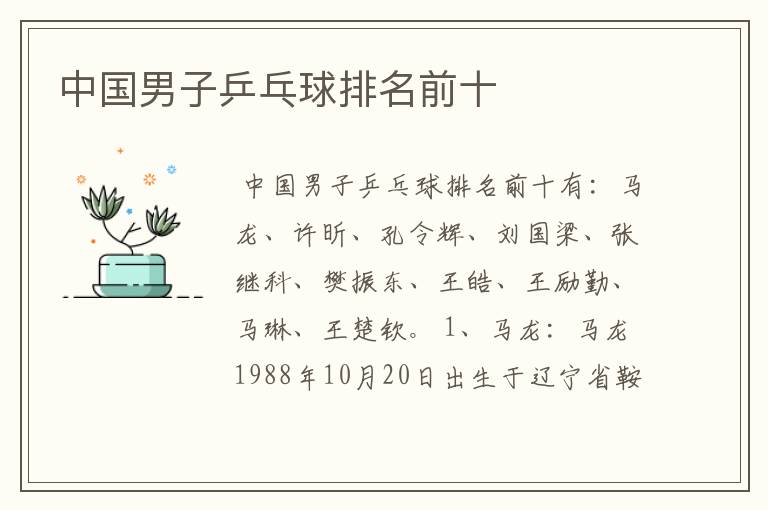 中国男子乒乓球排名前十