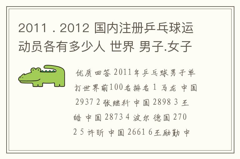 2011 . 2012 国内注册乒乓球运动员各有多少人 世界 男子.女子 排名前100的名单