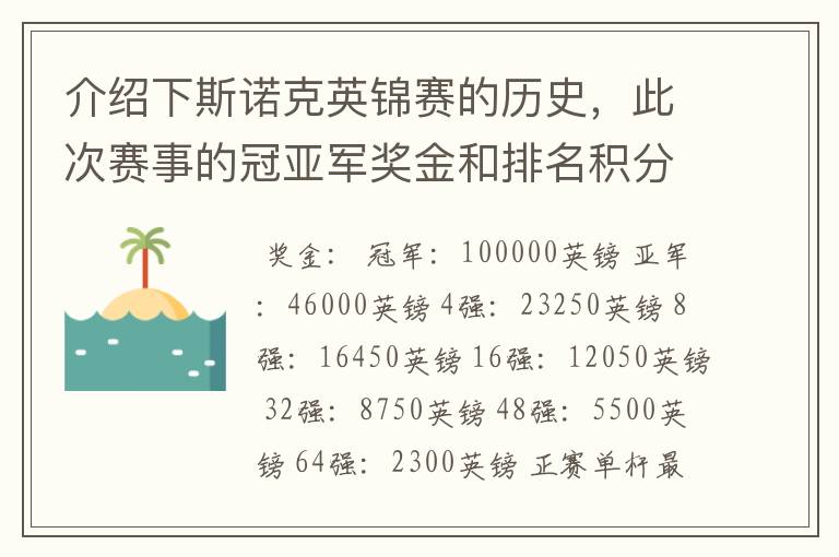 介绍下斯诺克英锦赛的历史,此次赛事的冠亚军奖金和排名积分各是多少?