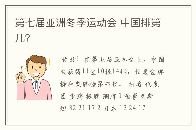 第七届亚洲冬季运动会 中国排第几？