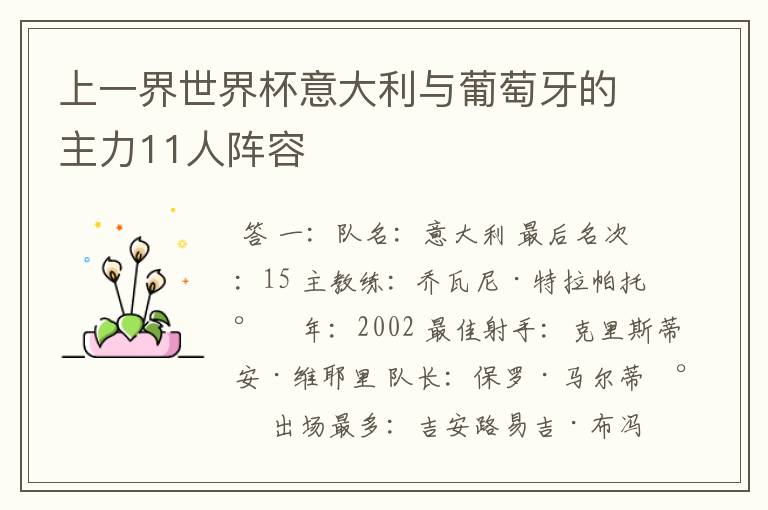 上一界世界杯意大利与葡萄牙的主力11人阵容