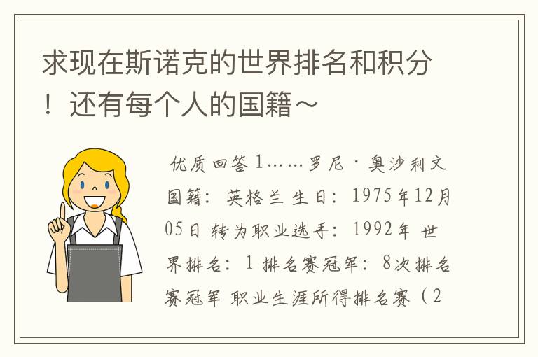 求现在斯诺克的世界排名和积分!还有每个人的国籍~