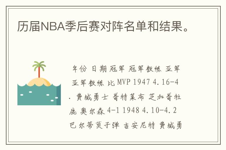 历届NBA季后赛对阵名单和结果。