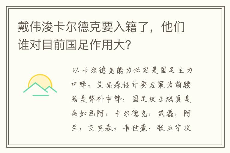 戴伟浚卡尔德克要入籍了,他们谁对目前国足作用大?