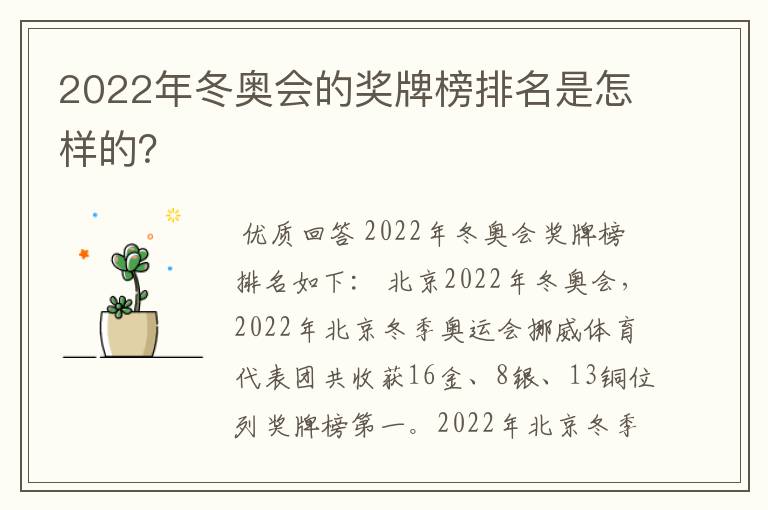 2022年冬奥会的奖牌榜排名是怎样的?