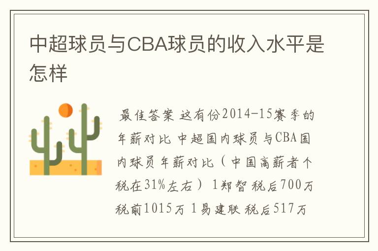 中超球员与CBA球员的收入水平是怎样