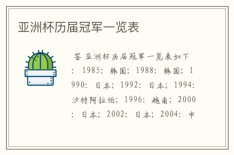 亚洲杯历届冠军一览表