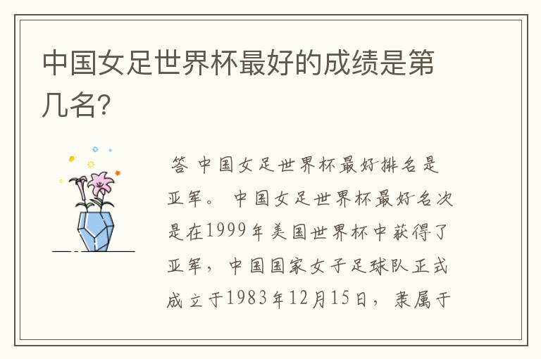 中国女足世界杯最好的成绩是第几名?