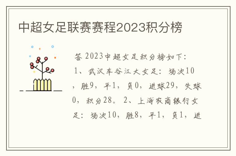 中超女足联赛赛程2023积分榜