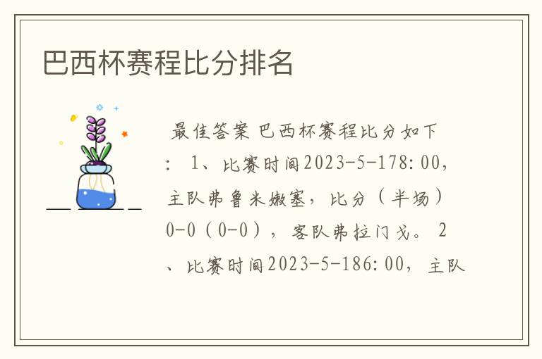 巴西杯赛程比分排名
