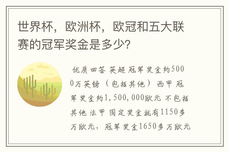 世界杯,欧洲杯,欧冠和五大联赛的冠军奖金是多少?