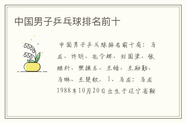 中国男子乒乓球排名前十