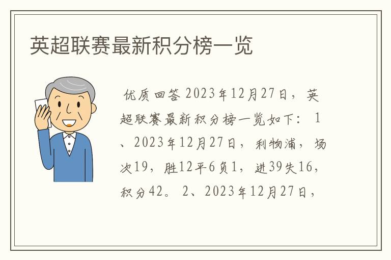英超联赛最新积分榜一览