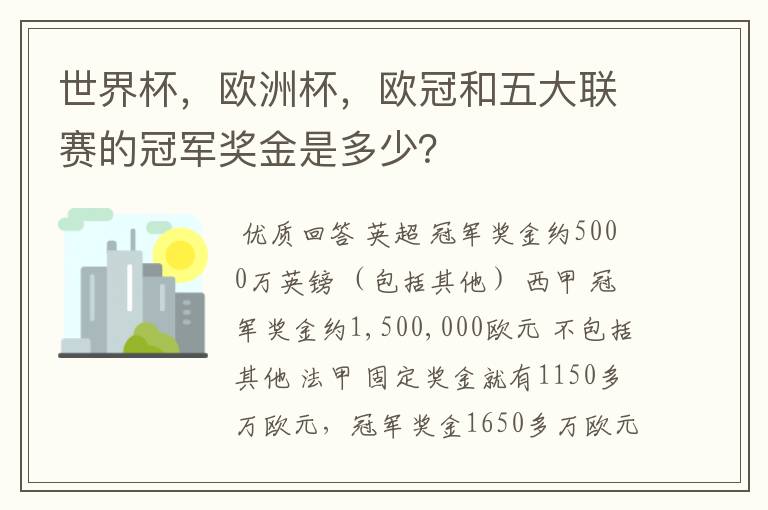 世界杯，欧洲杯，欧冠和五大联赛的冠军奖金是多少？